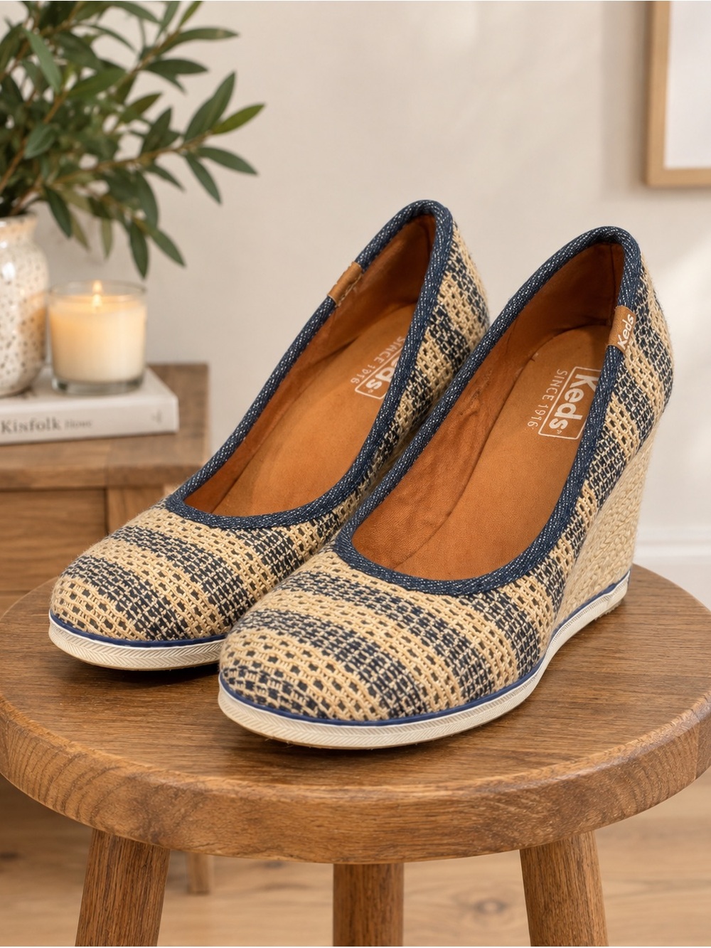 Keds Espadrille Wedge Heels 6 Navy Beige Striped Coastal Preppy Nautical Summer